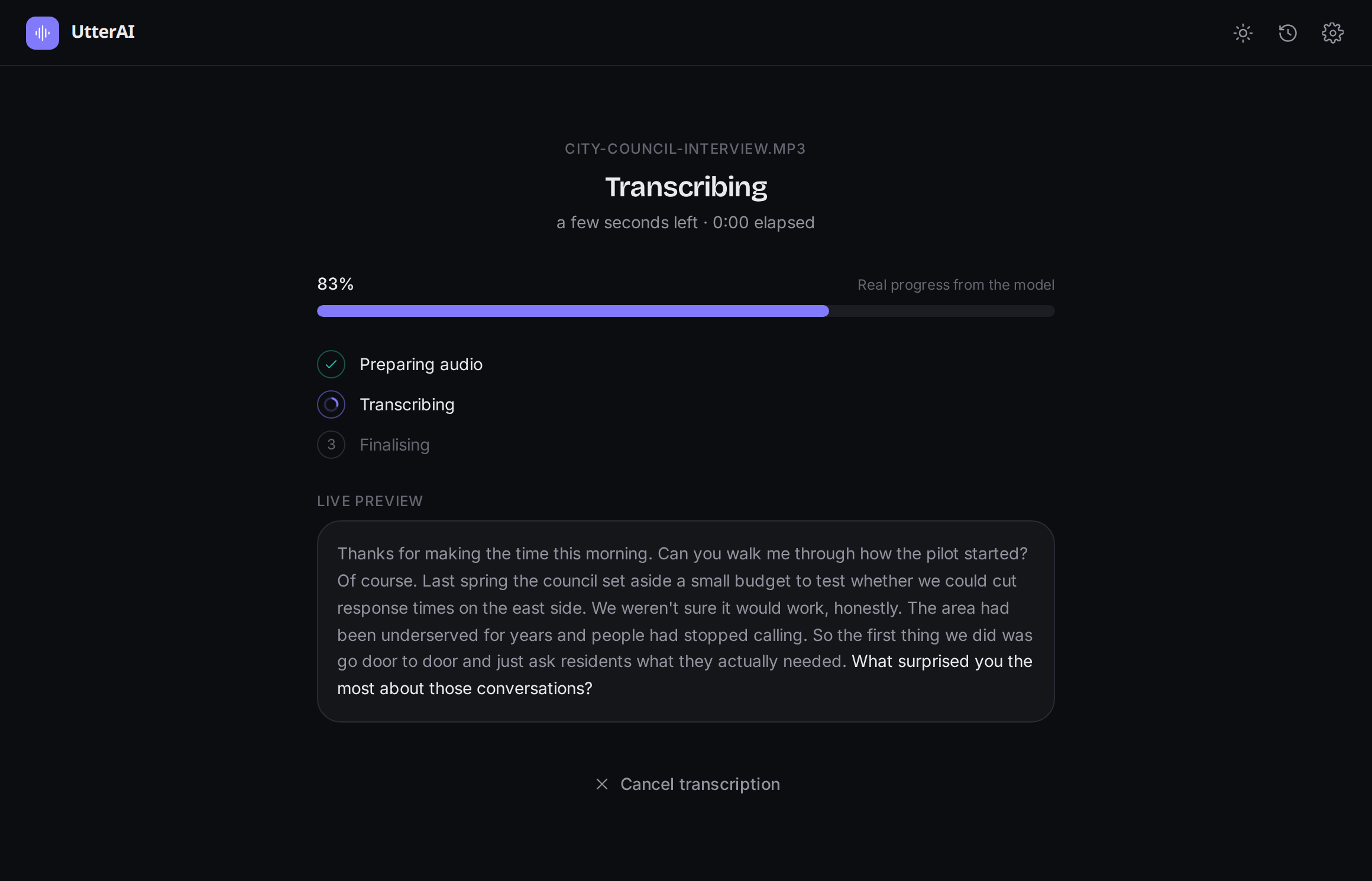 Transcription progress with a live preview
